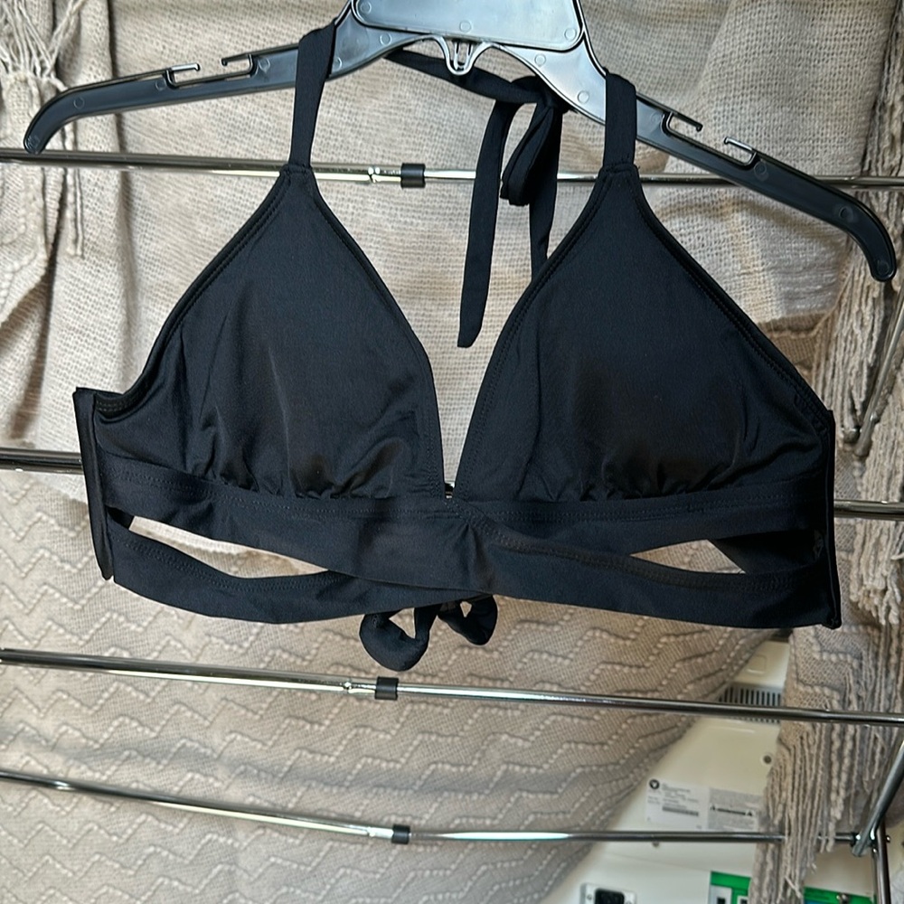 Black faux wrap halter bikini top